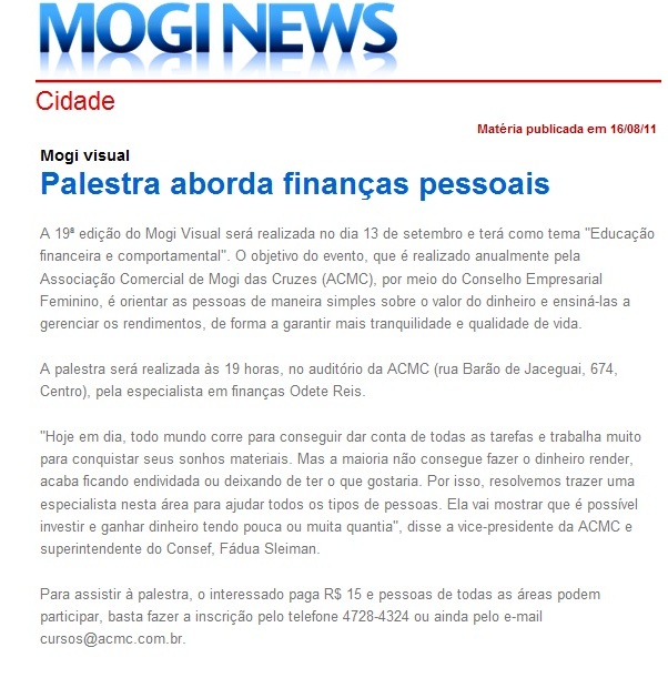 Palestra de Odete Reis aborda Finanças Pessoais - Mogi News