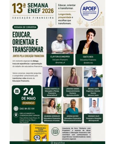 ✨ Educação Financeira também é diálogo, troca e transformação.
Na 13ª Semana ENEF 2026, estaremos juntos em uma roda de conversa especial para refletirmos sobre dinheiro, emoções, escolhas e propósito de vida.
Um encontro preparado com muito carinho para compartilhar experiências, conhecimento e caminhos possíveis através da Educação Financeira.
📍 24 de maio | Domingo
⏰ Das 9h às 11h
📌 Igreja Evangélica Congregacional Hermom – São Paulo/SP
Esperamos você nessa manhã de aprendizado e transformação. 💚
#SemanaENEF2026
#EducaçãoFinanceira
#APOEF
#LongevidadeFinanceira