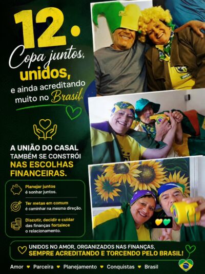 💚💛 12ª Copa juntos! 💛💚
Que alegria viver mais uma Copa lado a lado, com amor, parceria, torcida e muita esperança no Brasil! 🇧🇷
A união de um casal também se fortalece assim: compartilhando sonhos, fazendo planos, cuidando um do outro e caminhando juntos nas escolhas da vida — inclusive nas escolhas financeiras.
Seguimos unidos, felizes e acreditando muito no Brasil! 💚💛
#CopaJuntos #Brasil #AmorEParceria #EducaçãoFinanceira #PlanejamentoFinanceiro